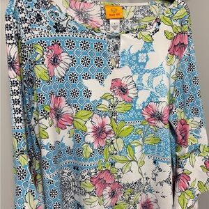 Ruby Rd. Floral Patchwork Long Sleeve Top - Blue, Pink, Green